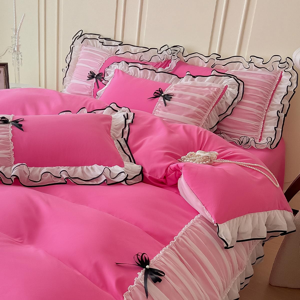Ihoustriy Duvet Cover Full Size, Ruffle Beddding Set With Bowtie, 3 Pieces Comforter Cover Set With Zipper Closure, Girl Bedding